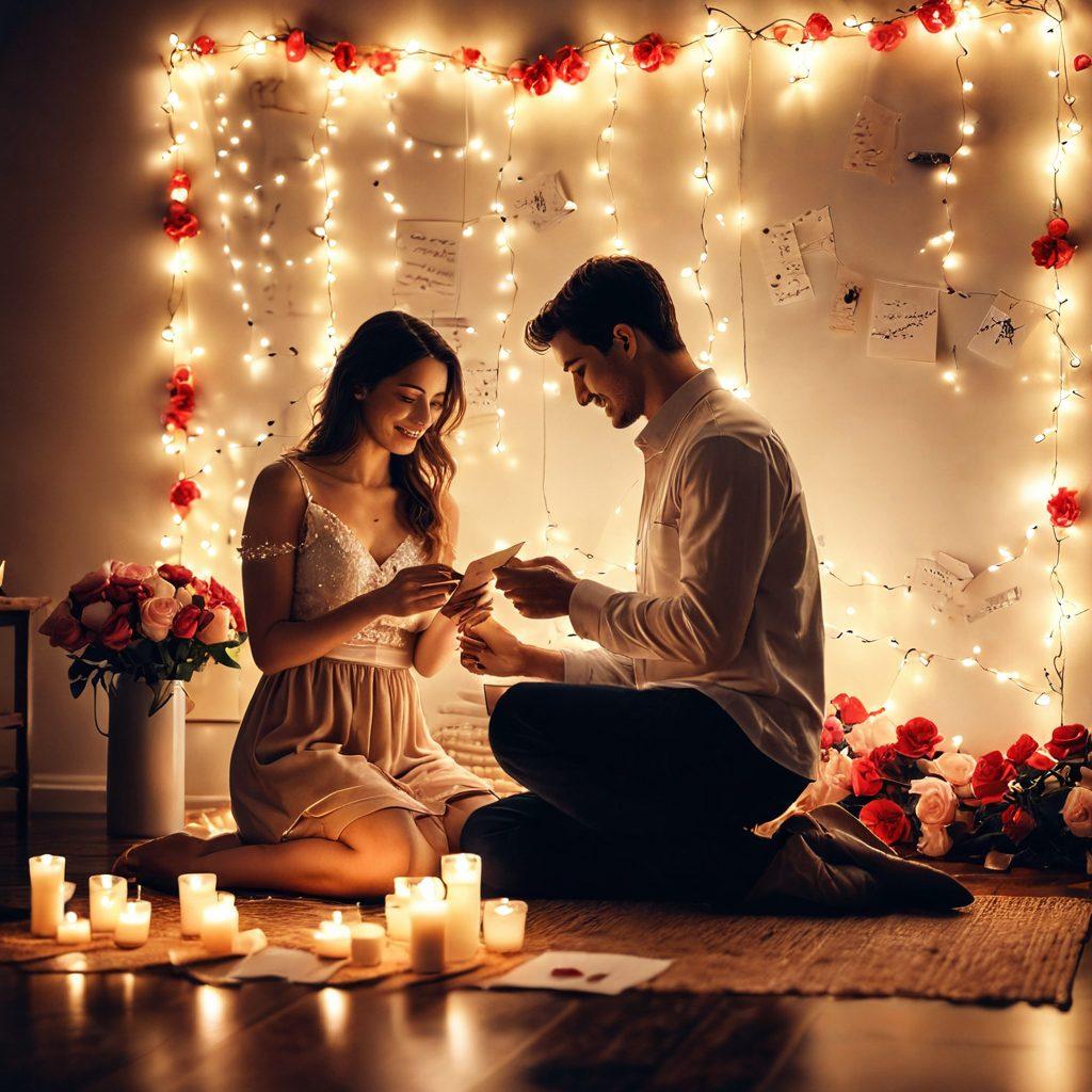 A cozy scene depicting a couple exchanging handwritten love letters against a backdrop of twinkling fairy lights, surrounded by warm candles and scattered rose petals. Include whimsical heart-shaped decorations and a soft, inviting color palette that evokes a sense of romance and comfort. The couple should be smiling and engaged in a heartfelt moment, reflecting thoughtful ways of showing affection. soft focus. vibrant colors. dreamy atmosphere.