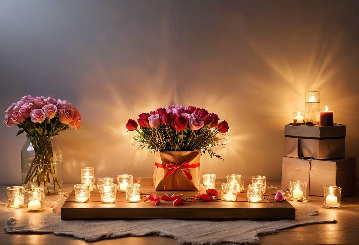 A beautifully arranged display of 10 thoughtfully wrapped gifts, each uniquely designed to represent different emotions like love and care. Surround the gifts with soft, glowing fairy lights and delicate flower petals, evoking warmth and affection. The background should be a cozy, softly lit room with a hint of a festive atmosphere. Capture the essence of giving and heartfelt gestures. super-realistic. warm tones. cozy ambiance.