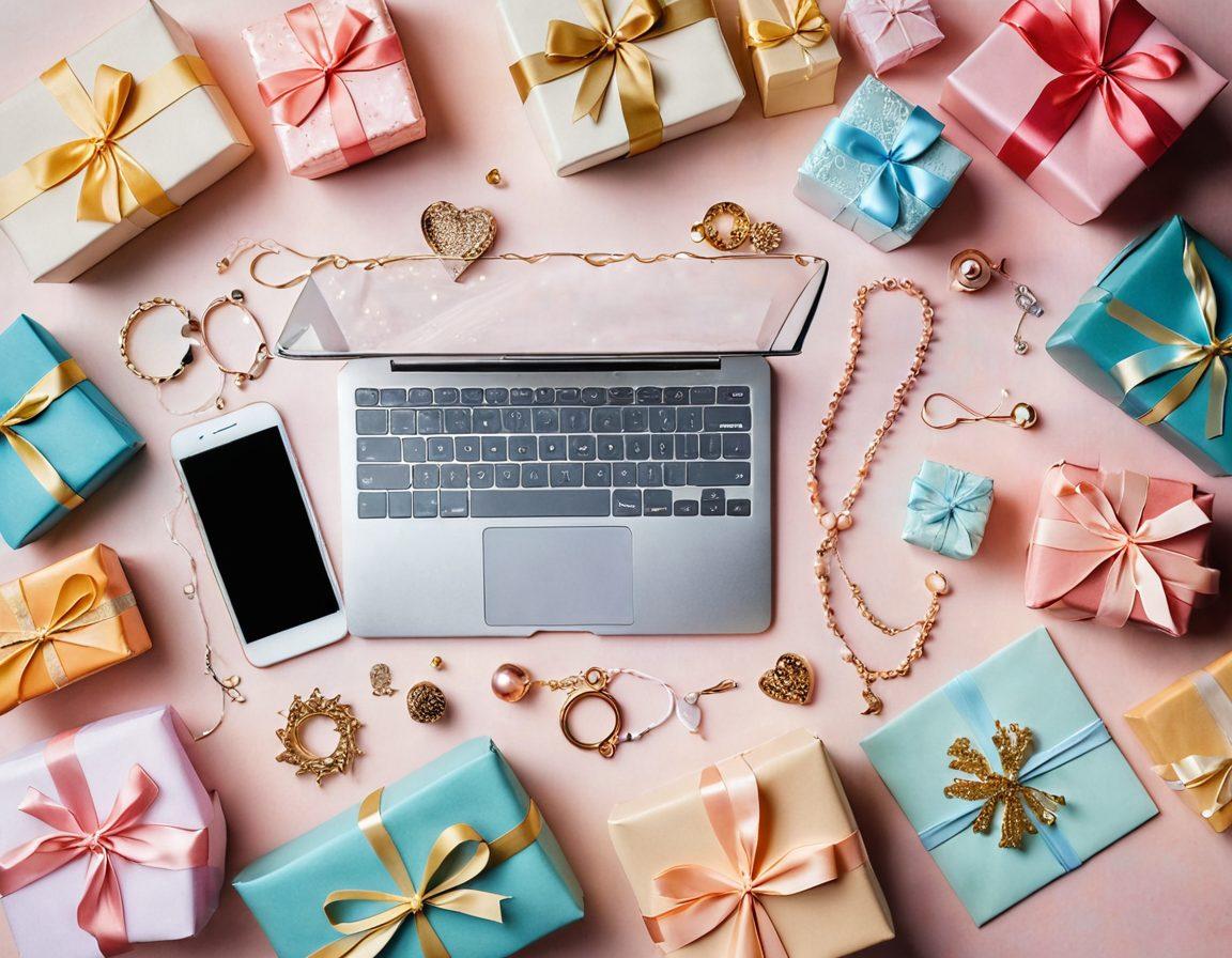 A whimsical, beautifully arranged flat lay of various unique gifts including handcrafted items, elegant jewelry, cozy home décor, and tech gadgets, all radiating warmth and affection. Surrounding the gifts, hints of online shopping elements like a smartphone displaying gift ideas and a laptop showing a treasure trove of options. The background should have a soft, dreamy pastel tone to evoke a sense of warmth and joy. Include soft, glowing lights to enhance the festive atmosphere. vibrant colors. soft focus.